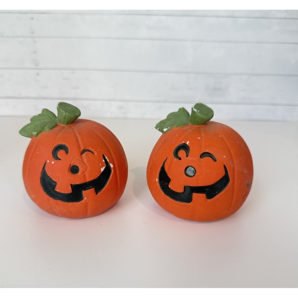 Vintage Halloween Jack O Lantern Pumpkin Figurines Taiwan 4" Set of 2